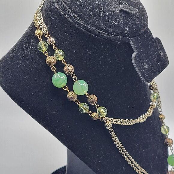 90s Long Strand Green Natural Bohemian Beaded Chain Necklace 35in - Picture 1 of 5